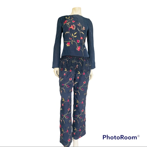 Josephine Chaus Silk Embroidered Pants Floral Set - Picture 6 of 13